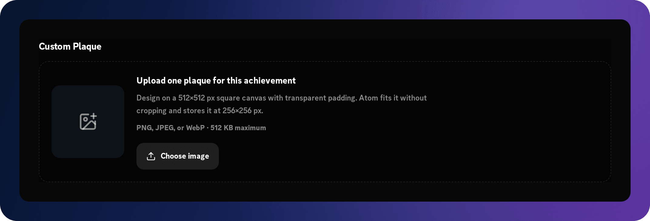 Custom achievement plaque upload controls with card border, eyebrow, title, and description colors.
