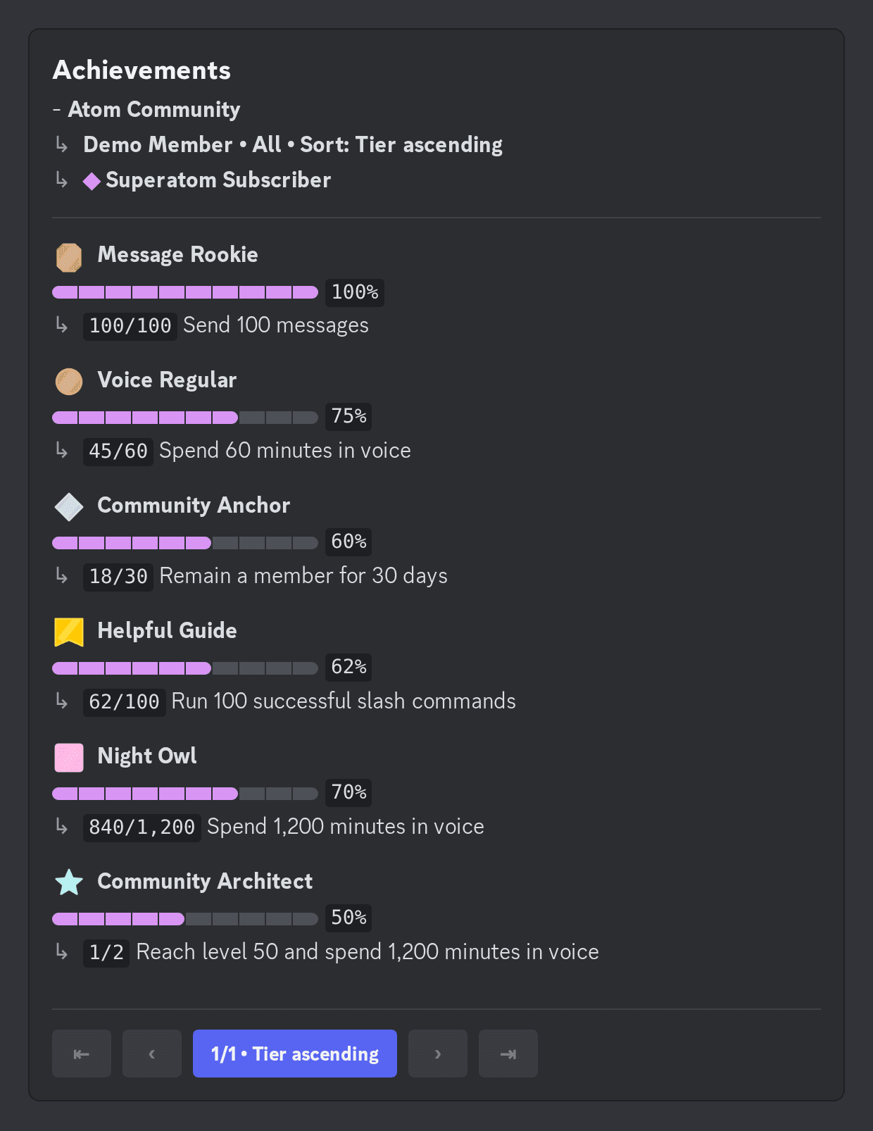 Atom achievement command list with plaque emojis, progress bars, percentages, count targets, and sorting controls.