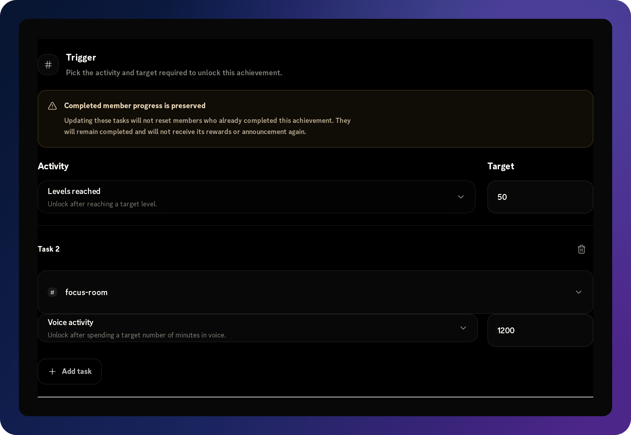 Achievement task editor showing a level requirement and an additional channel-scoped voice requirement.