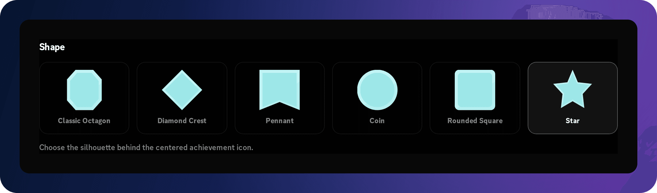 Achievement editor showing the Classic Octagon, Diamond Crest, Pennant, Coin, Rounded Square, and Star plaque shapes.