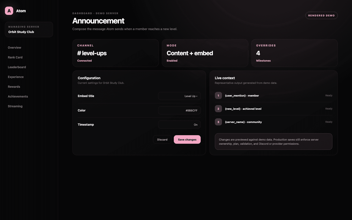 Atom Announcement dashboard demo with channel delivery, message content, embed title, color, description, image, footer, and variables.