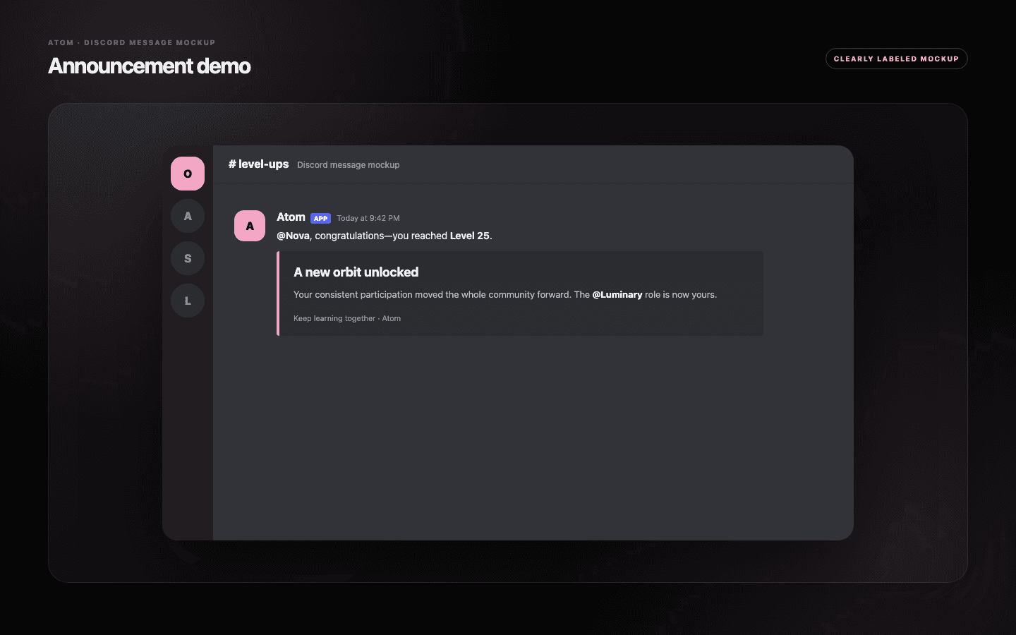 Discord level-up announcement demo congratulating a member on reaching level 25 with a branded embed.