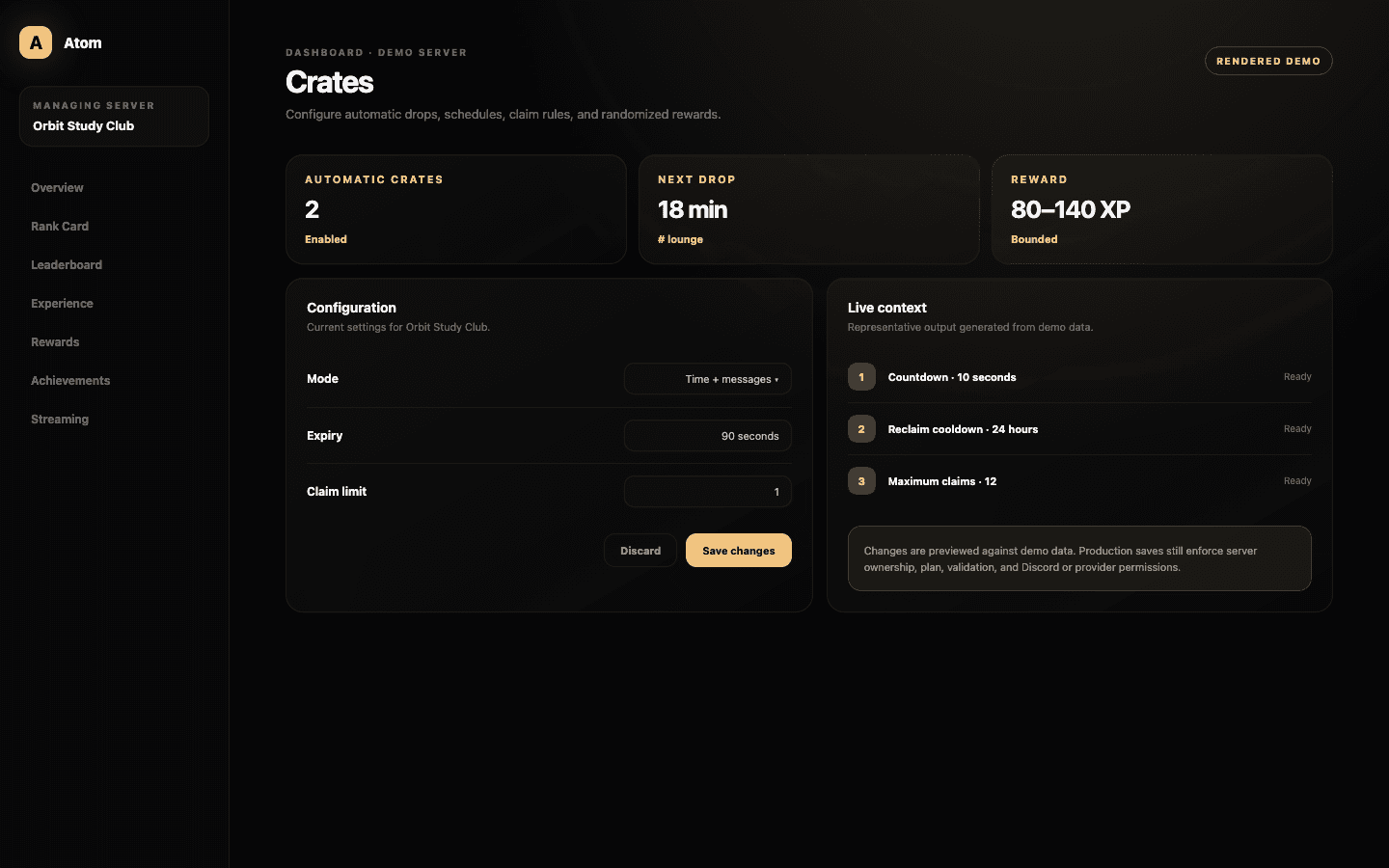 Atom Crates dashboard demo with channel, scheduler, message scope, expiry, retries, claim limit, and XP reward range.