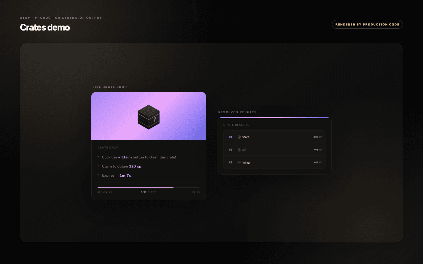 Atom crate drop and crate results cards rendered by the production crate generators with deterministic demo data.
