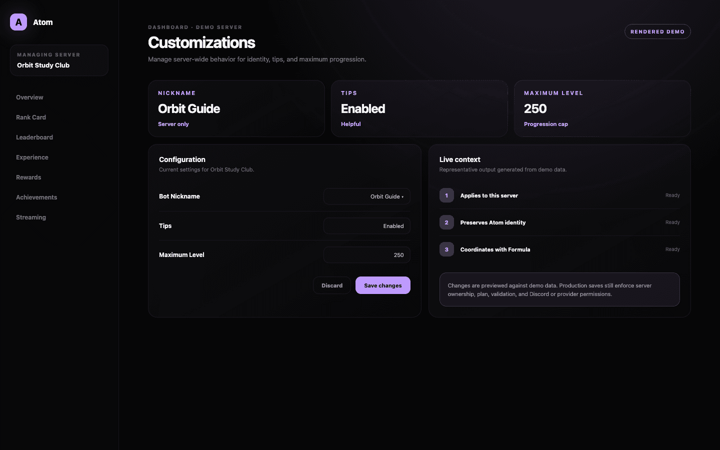 Atom Customizations dashboard demo with bot nickname, tip behavior, and maximum level controls.