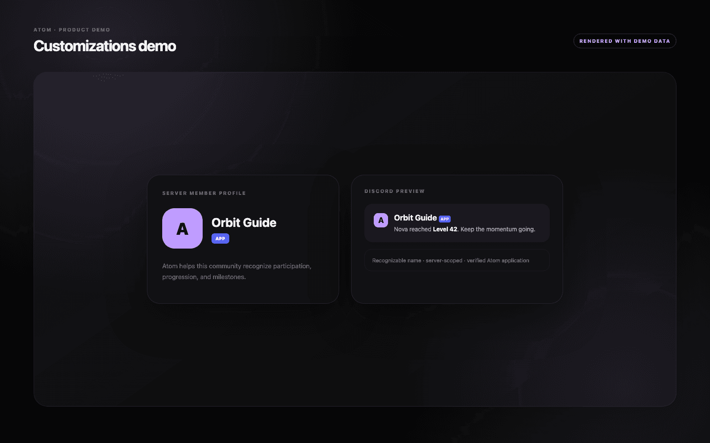 Discord member and progression demo showing a custom Atom nickname, help tip, and maximum level 250.