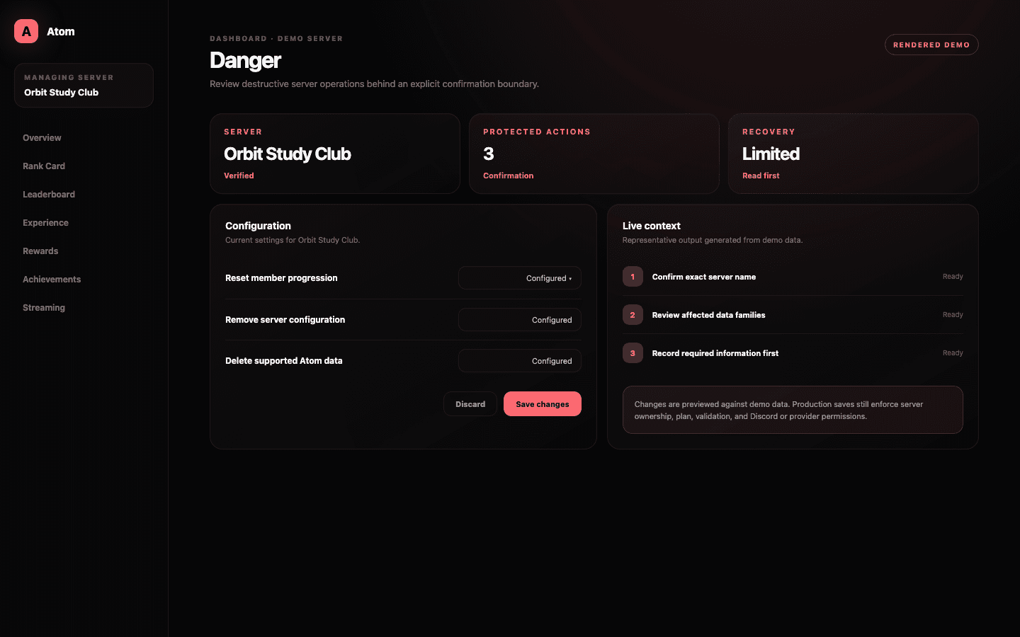 Atom Danger dashboard demo with protected reset and data-removal actions.