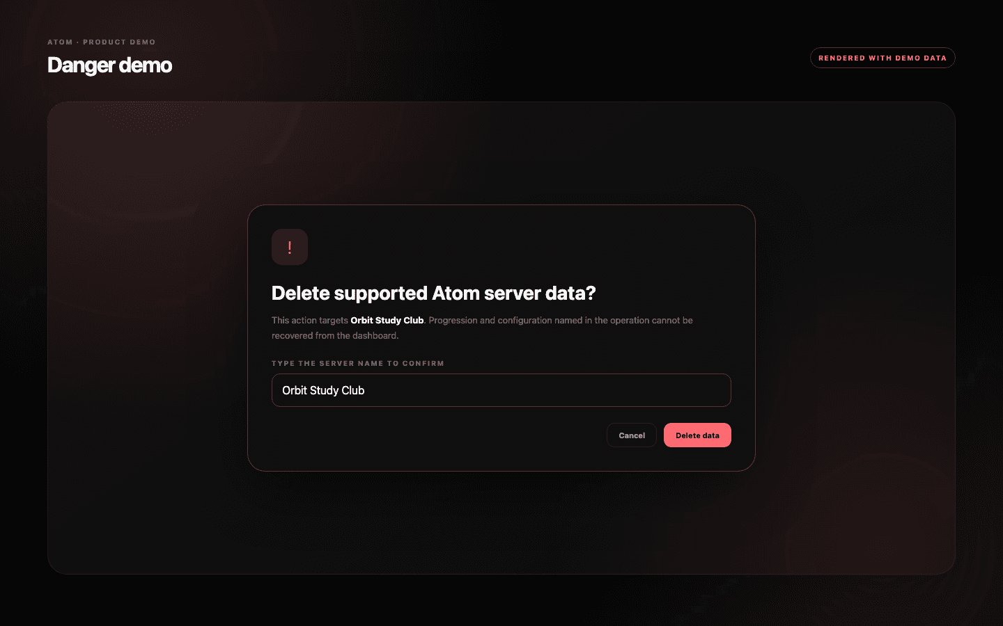 Atom destructive-action confirmation requiring a server name and showing affected data.