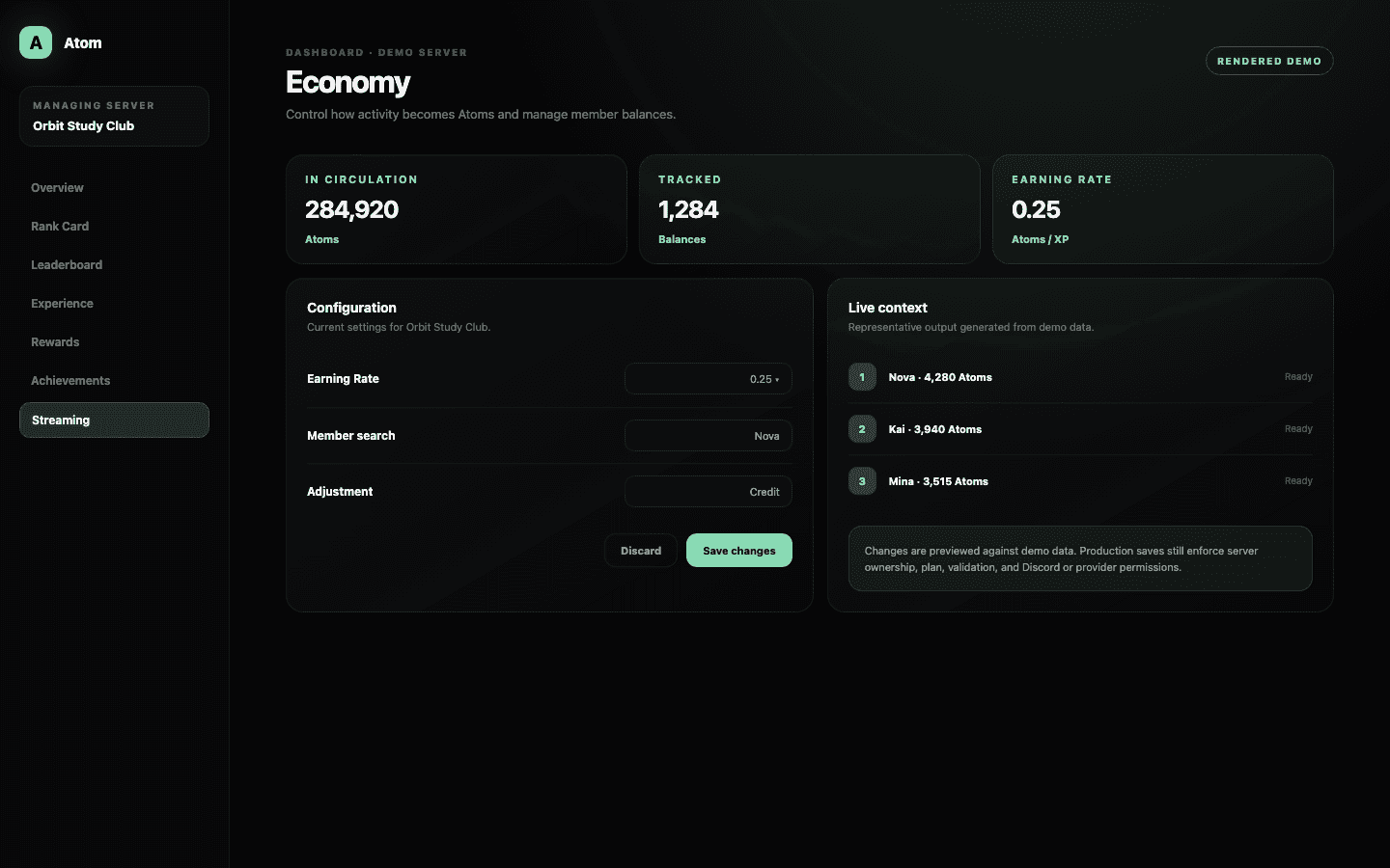 Atom Economy dashboard demo with earning rate, Atoms in circulation, tracked member balances, and search.