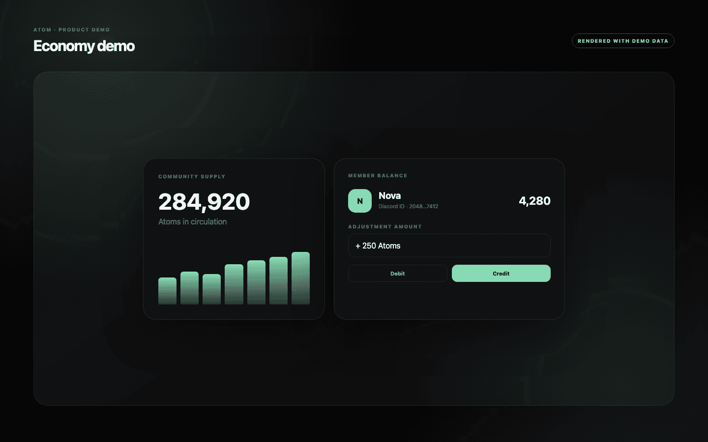 Atom member balance adjustment demo showing current balance, credit and debit amount, reason, and resulting total.