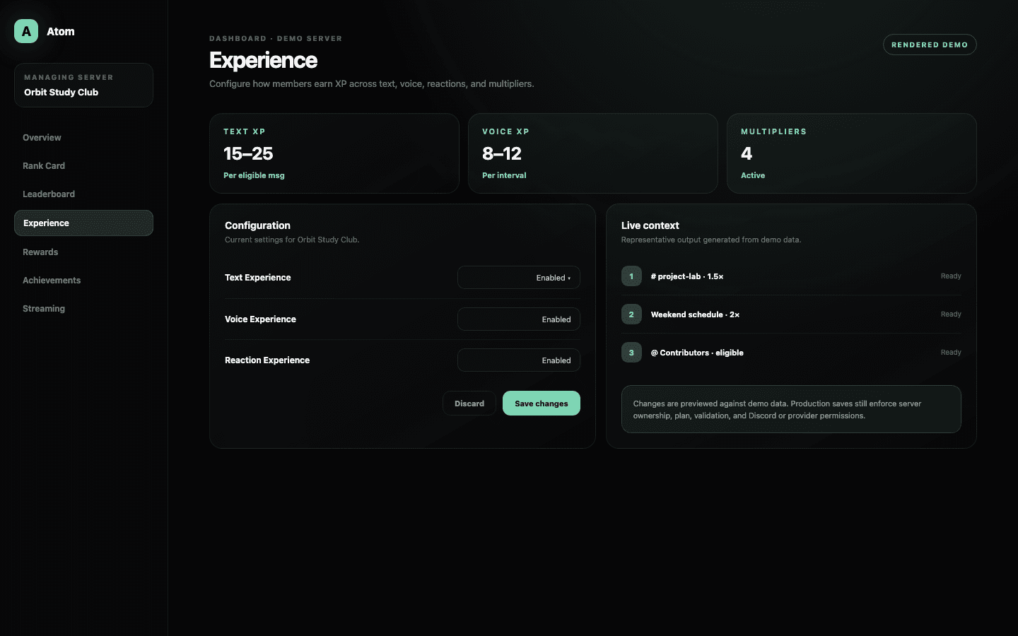 Atom Experience dashboard demo with text, voice, reaction, schedule, and channel multiplier sections.