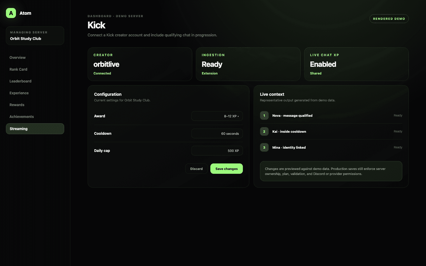Atom Kick dashboard demo with creator connection, Live Chat XP award range, cooldown, cap, and ingestion status.
