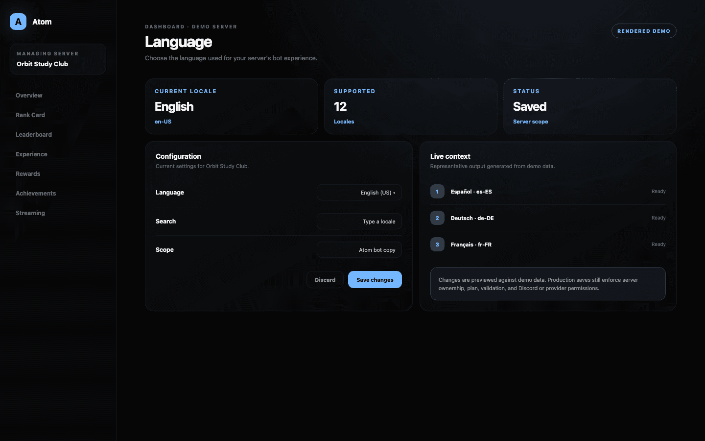 Atom Language dashboard demo with a searchable locale selector and save controls.