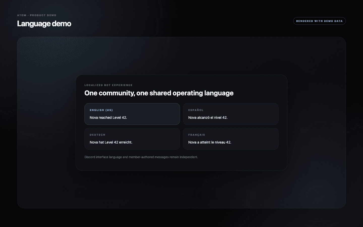 Localized Atom bot responses shown in English, Spanish, German, and French.