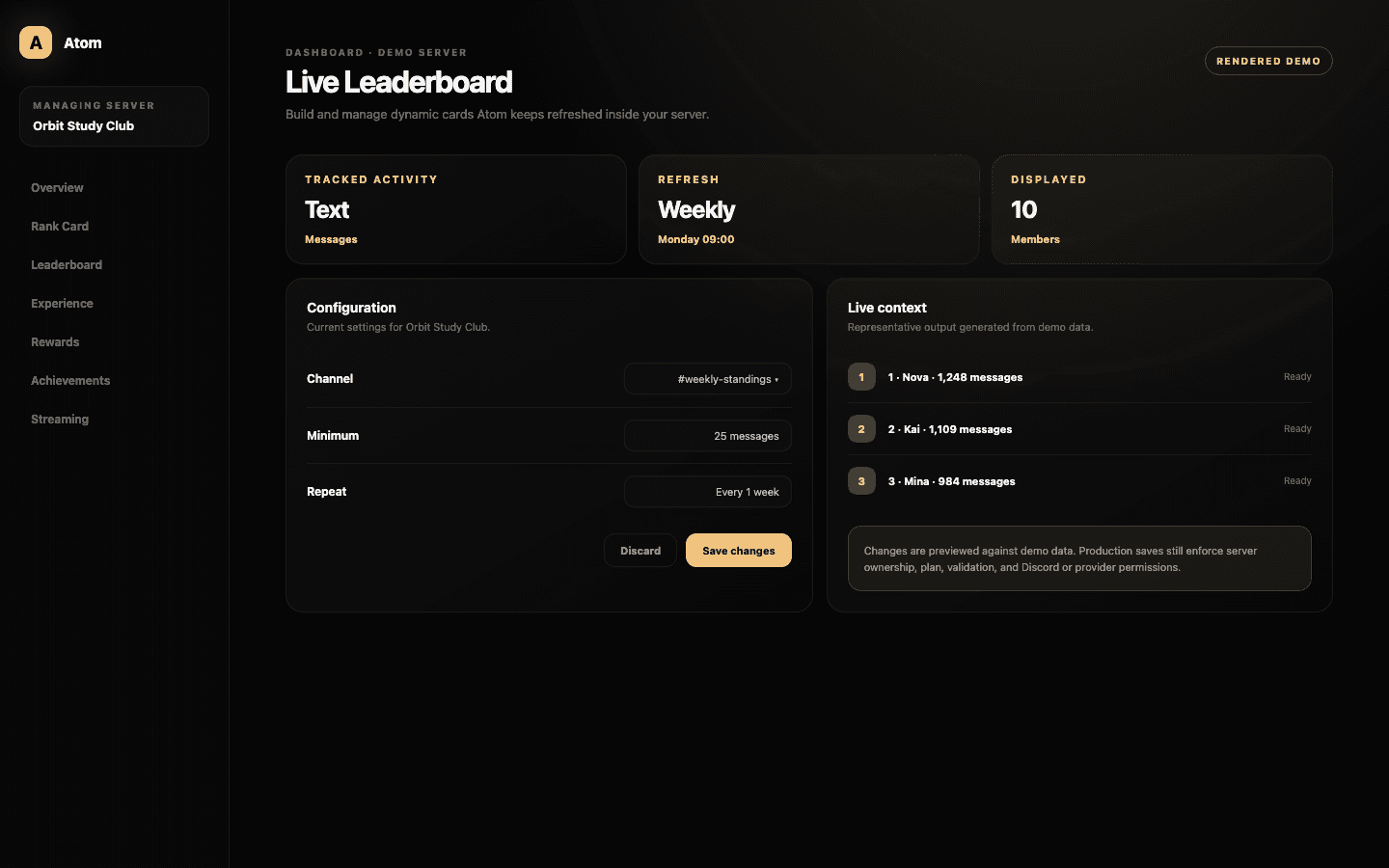 Atom Live Leaderboard editor demo showing destination, tracked text activity, weekly schedule, display count, and rewards.