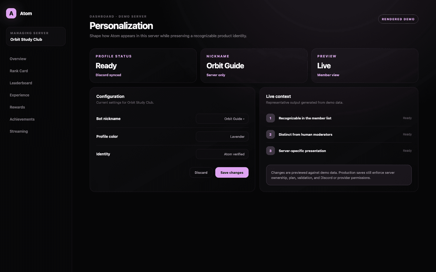 Atom Personalization dashboard demo with bot profile, server identity, and live preview controls.