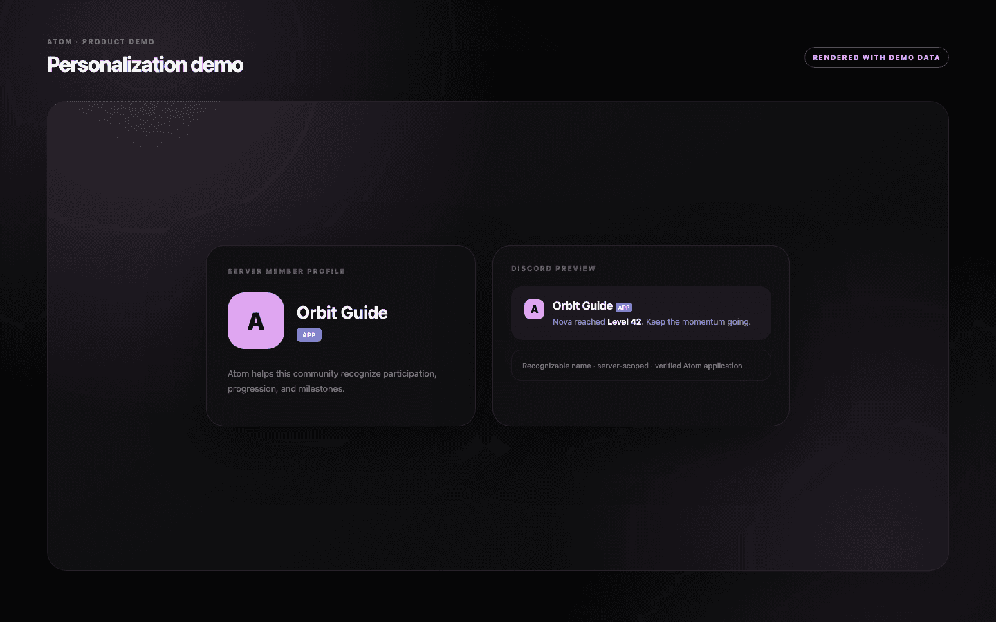 Discord-style preview of a personalized Atom bot profile in a community.