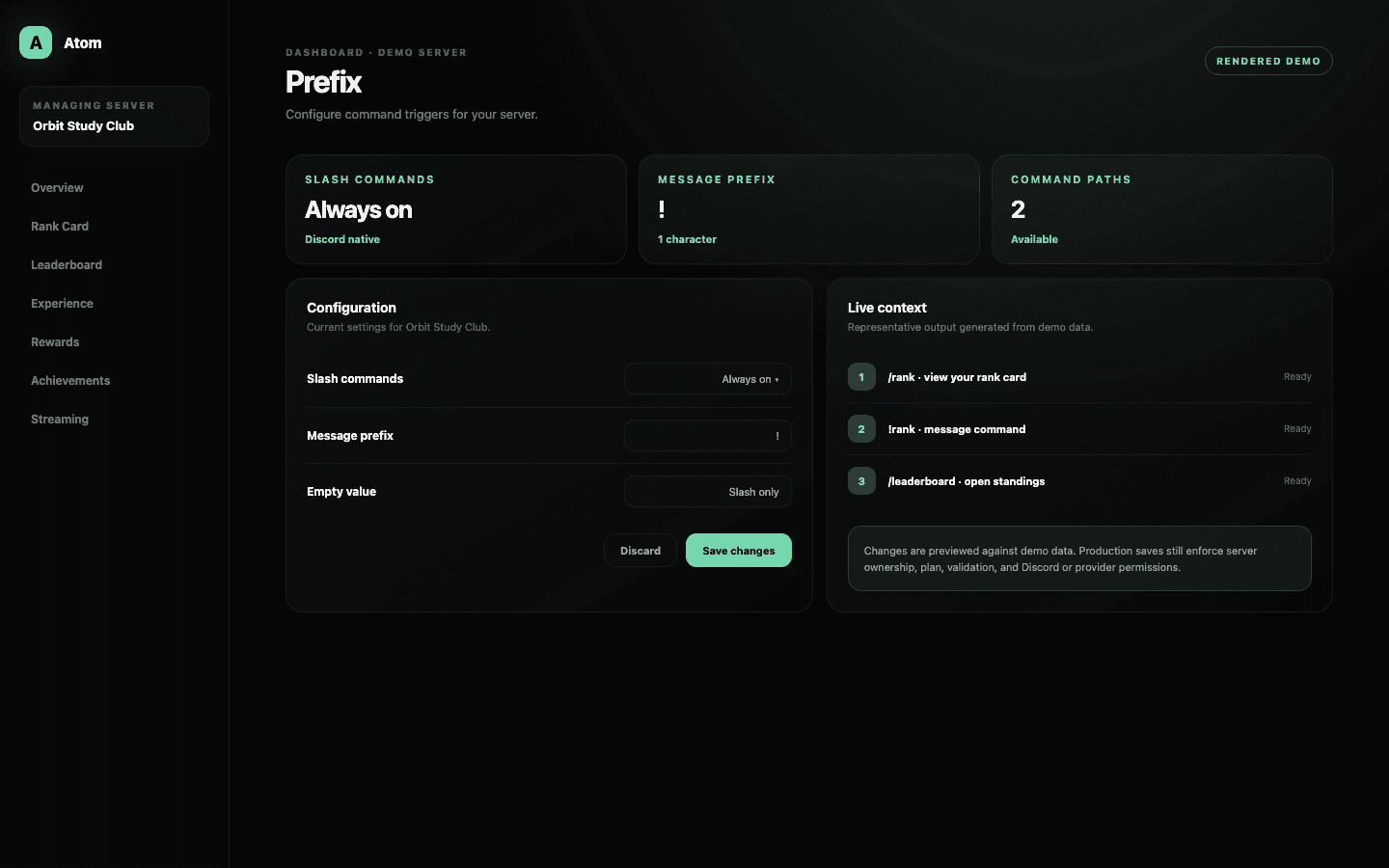 Atom Prefix dashboard demo showing slash commands as always on and a one-character message prefix field.
