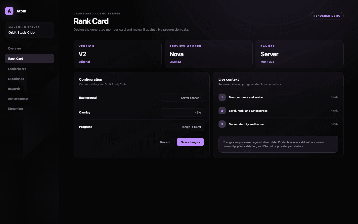 Atom Rank Card dashboard demo with version selection, color controls, background options, and a live preview.