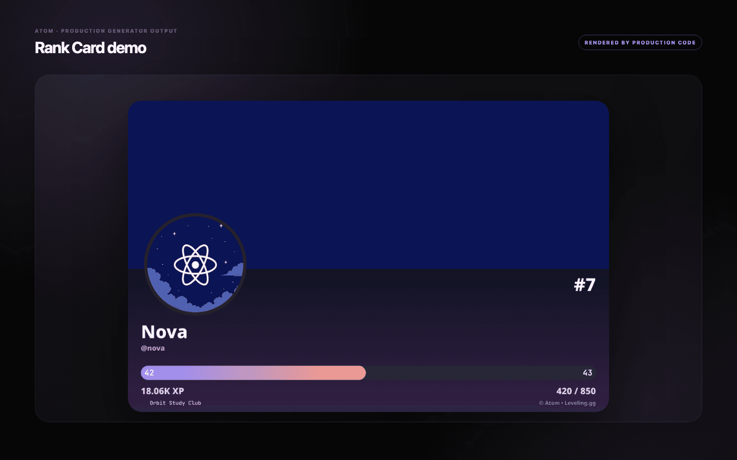 Generated Atom rank card for member Nova showing level 42, server rank 7, XP progress, avatar, and banner.
