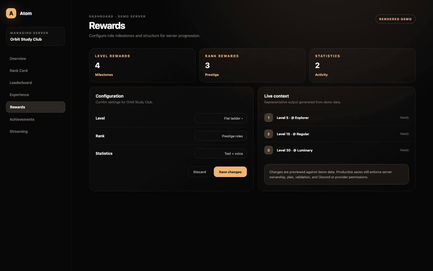 Atom Rewards dashboard demo with level, rank, and statistics reward editors and Discord role milestones.