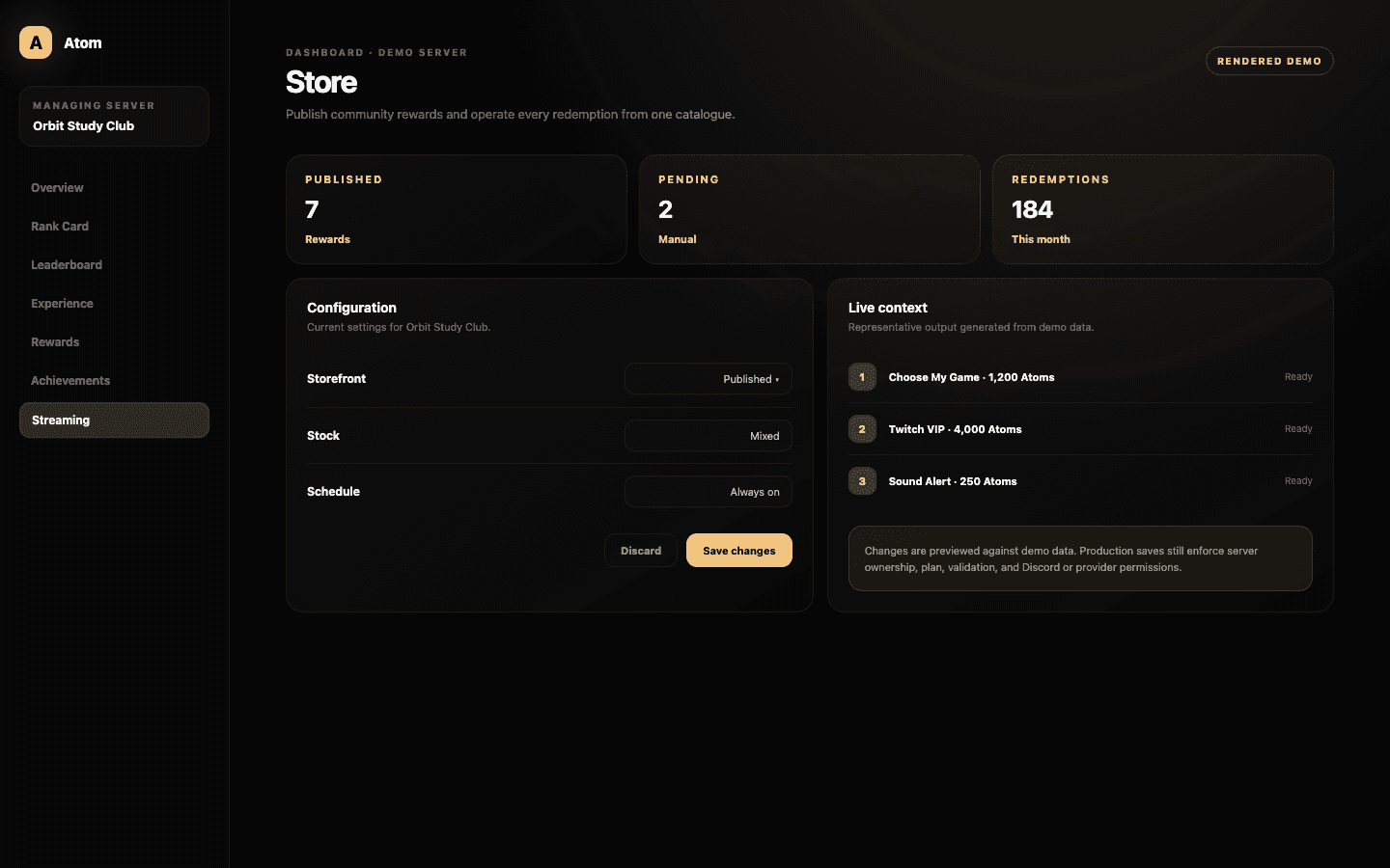 Atom Store dashboard demo with published rewards, storefront link, reward categories, prices, stock, and status.