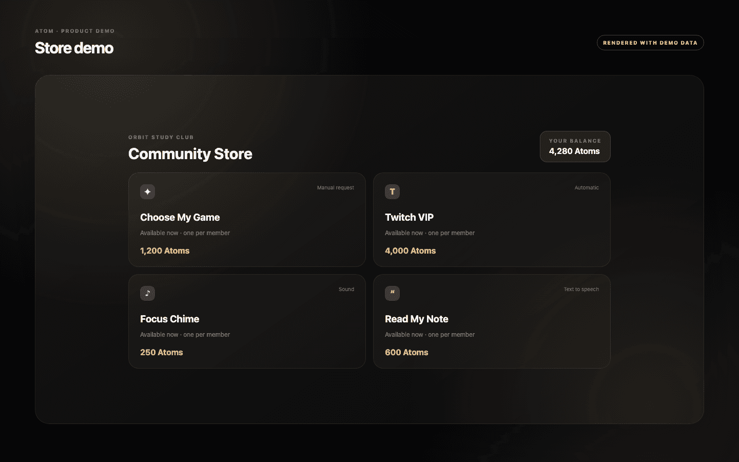 Atom member storefront demo with custom, role, Twitch VIP, sound, text-to-speech, media, and alert rewards.