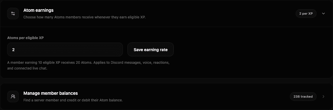 Atom currency dashboard showing the Atom earning rate, community balance totals, and individual member balances.