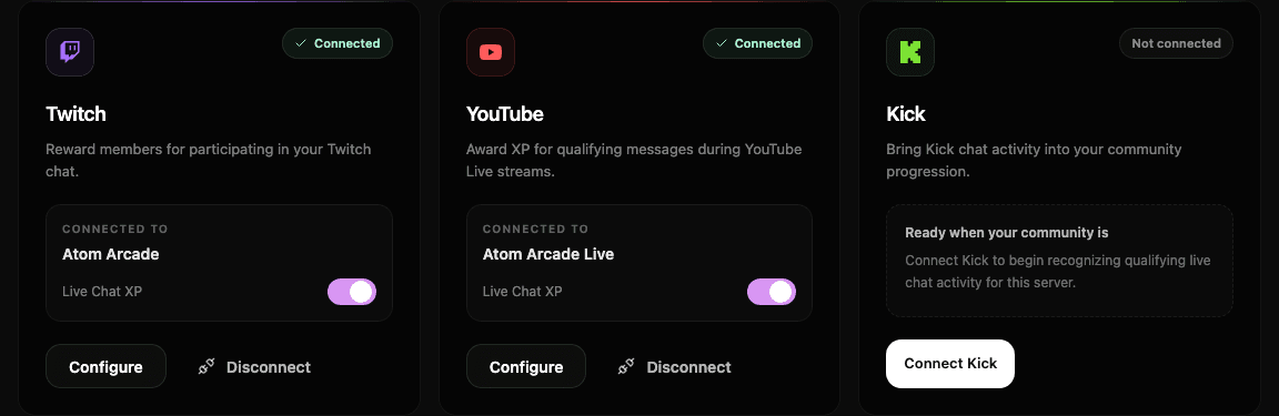 Atom integrations panel showing connected Twitch and YouTube accounts and the option to connect Kick.
