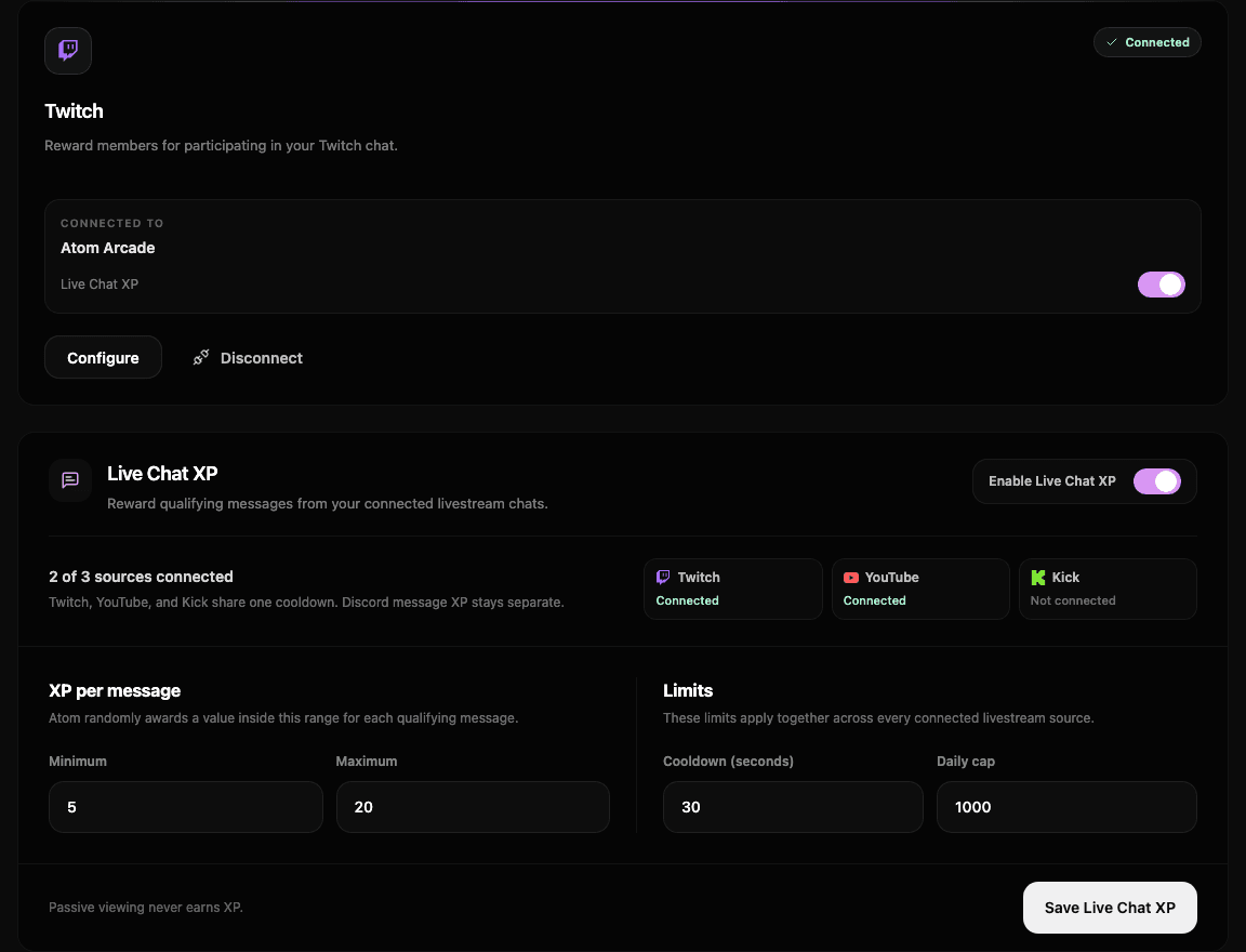 Atom Live Chat XP configuration with connected Twitch and YouTube sources, an enable switch, XP range, cooldown, daily cap, and save action.