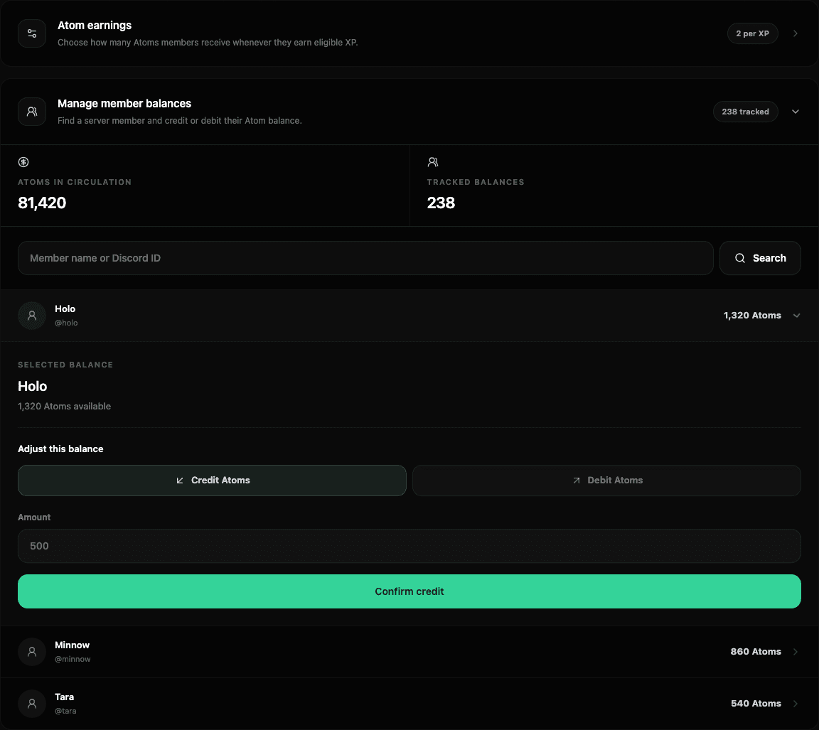 Atom member balance management showing tracked balance totals, member search, selected member balance, and credit or debit controls.