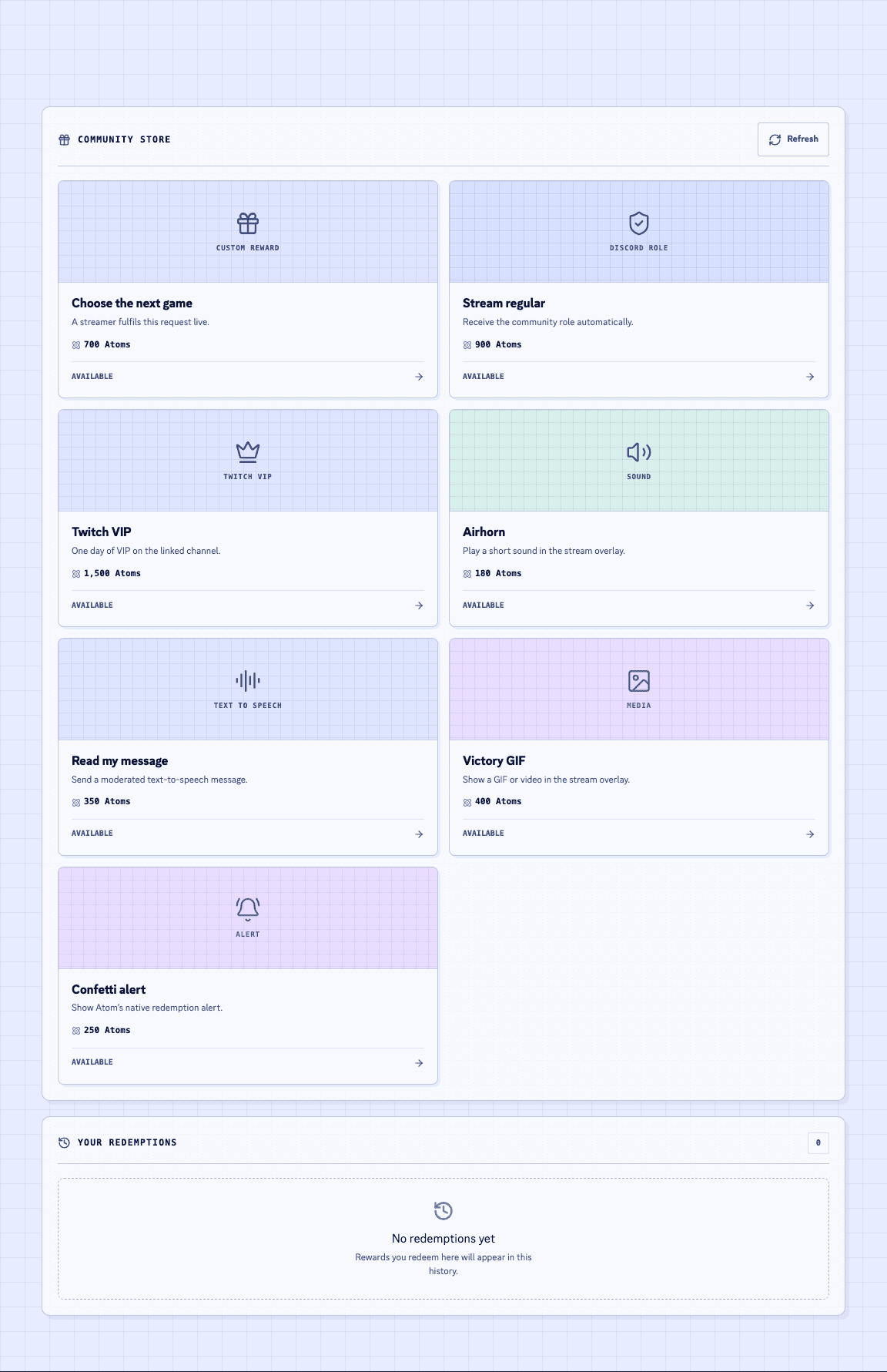 Atom community storefront showing custom rewards, Discord roles, Twitch VIP, sounds, text to speech, media, alerts, and redemption history.
