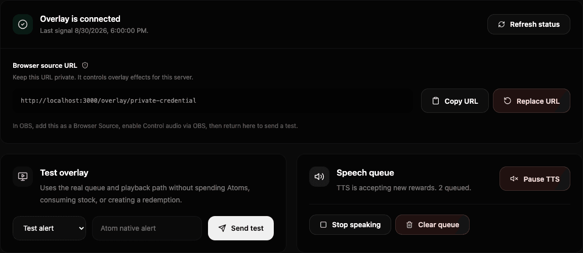 Atom OBS overlay controls showing a connected browser source, private URL management, effect testing, and text to speech queue controls.