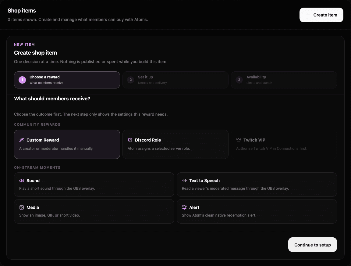 Atom reward builder showing the three-step setup flow and every available reward category.