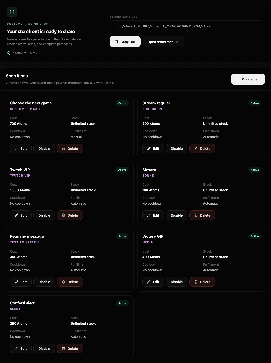 Atom Streaming administrator dashboard showing a shareable storefront and every configured reward category.