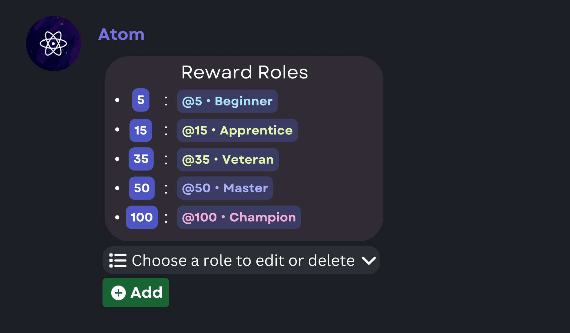 Atom discord reward roles interface