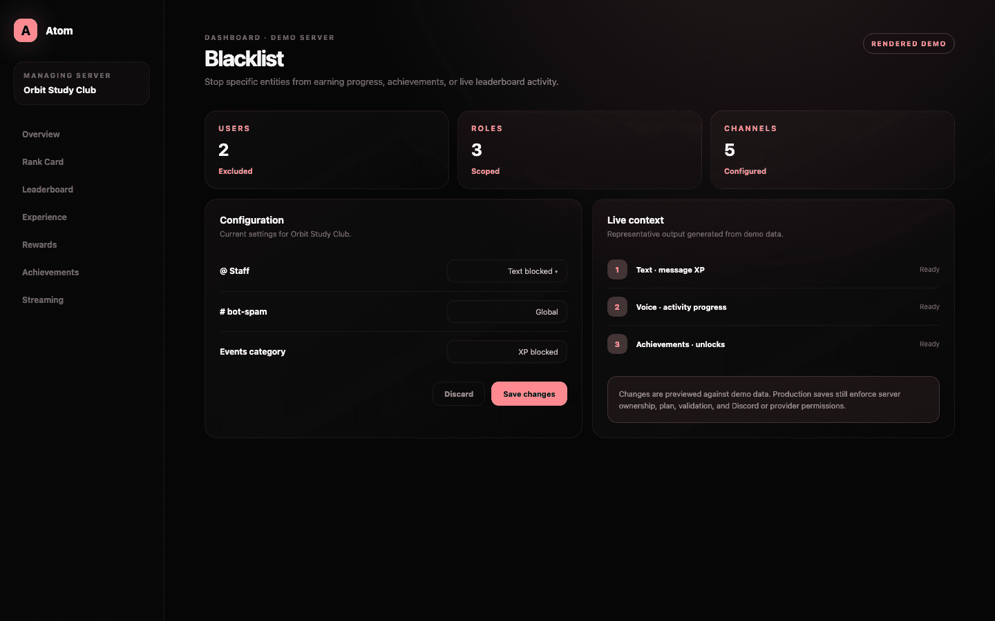 Atom Blacklist dashboard demo with users, roles, channels, categories, and activity scope controls.