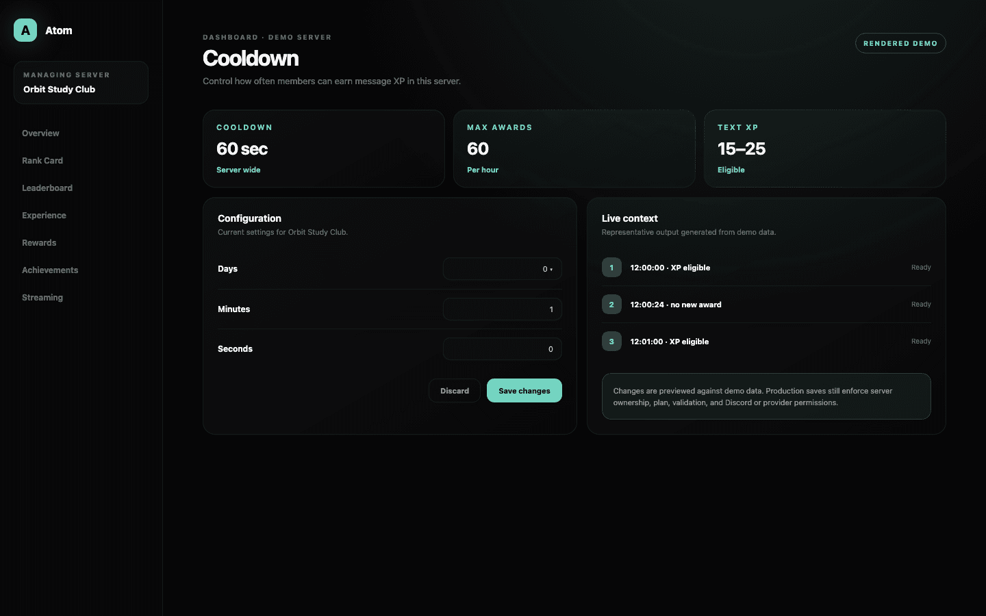 Atom Cooldown dashboard demo with days, hours, minutes, seconds, and an hourly quick reference.