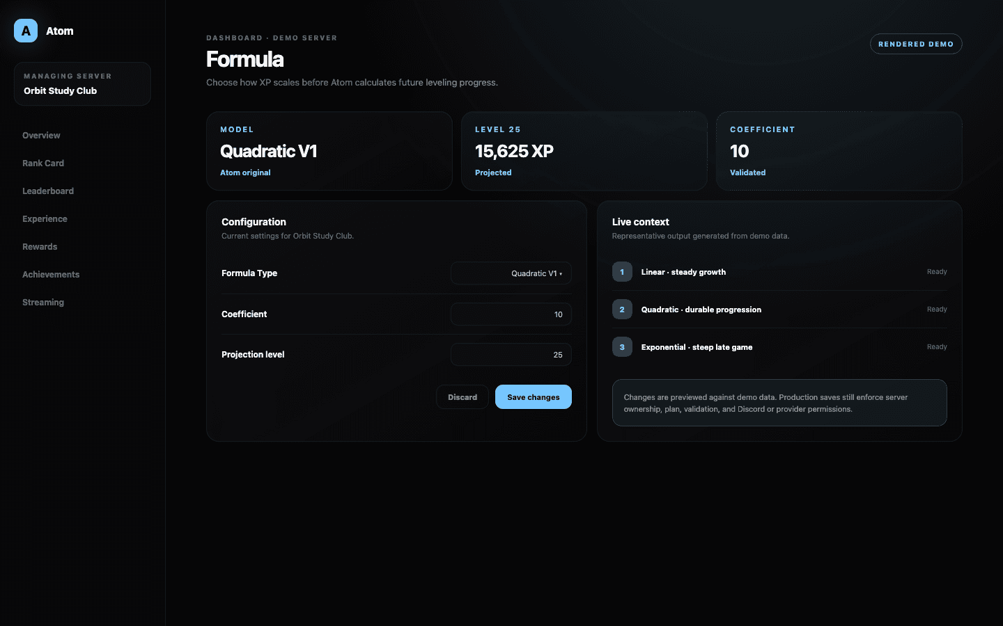 Atom Formula dashboard demo with quadratic, exponential, and linear model options and coefficient controls.