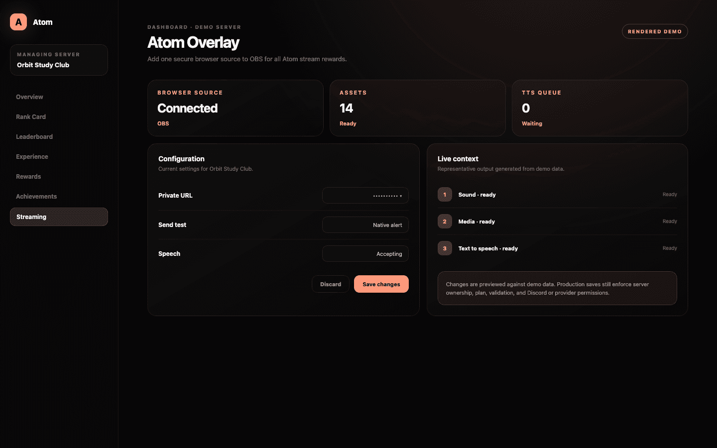 Atom Overlay dashboard demo with connected browser source, private URL, effect tests, assets, and text-to-speech queue controls.