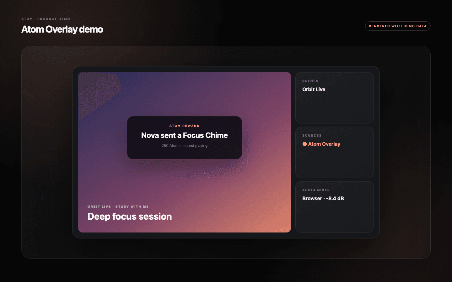 OBS Studio demo showing an Atom browser source delivering a community reward alert over a live scene.