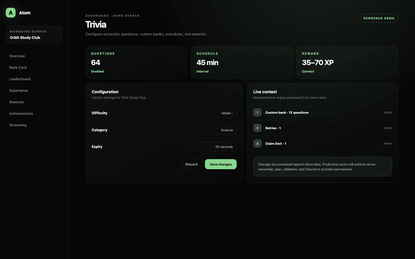 Atom Trivia dashboard demo with automatic channel, schedule, categories, difficulty, custom questions, claim rules, and rewards.