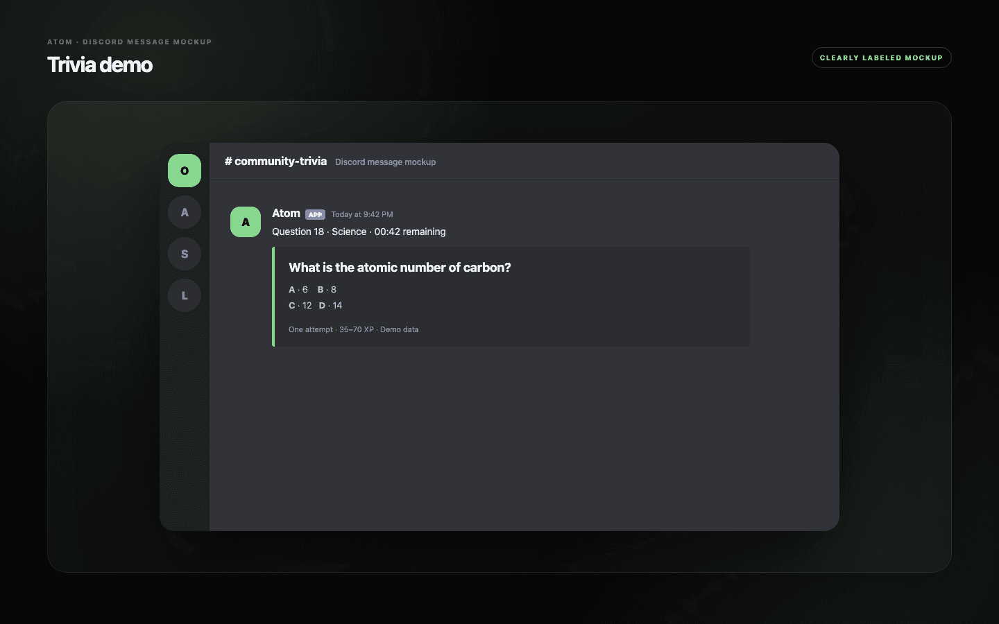 Discord Atom trivia question demo with multiple-choice answers, time remaining, and a correct-answer reward.