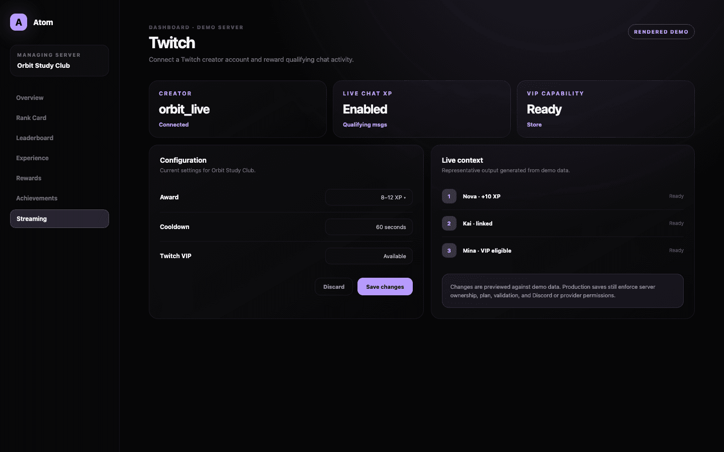Atom Twitch dashboard demo with creator account, Live Chat XP settings, connection health, and VIP capability.