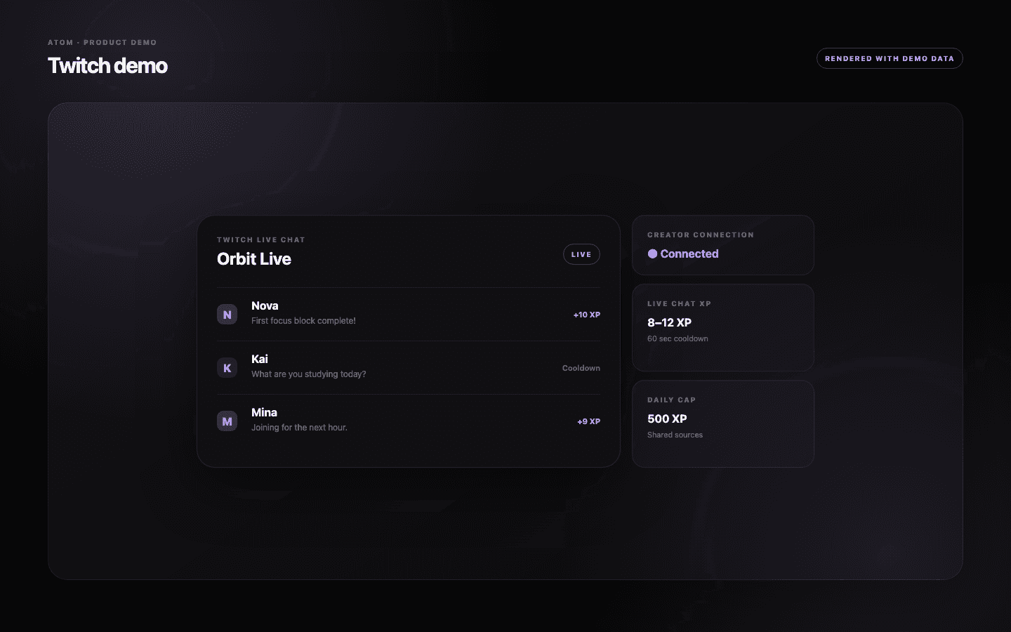 Twitch chat and Atom Store demo showing a linked viewer earning progression and redeeming a Twitch VIP reward.