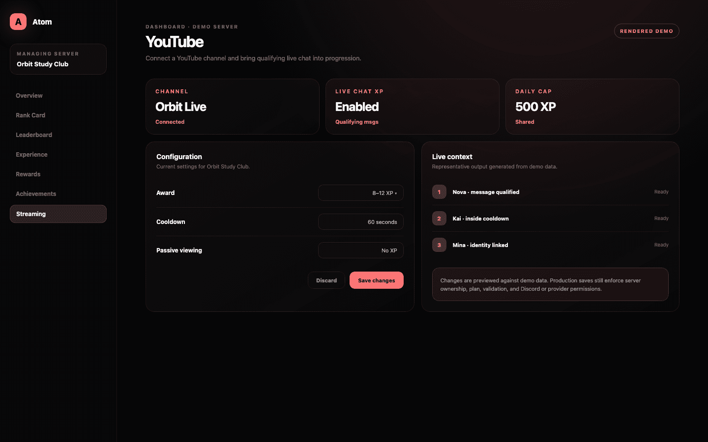 Atom YouTube dashboard demo with connected channel identity, Live Chat XP status, award range, cooldown, and daily cap.