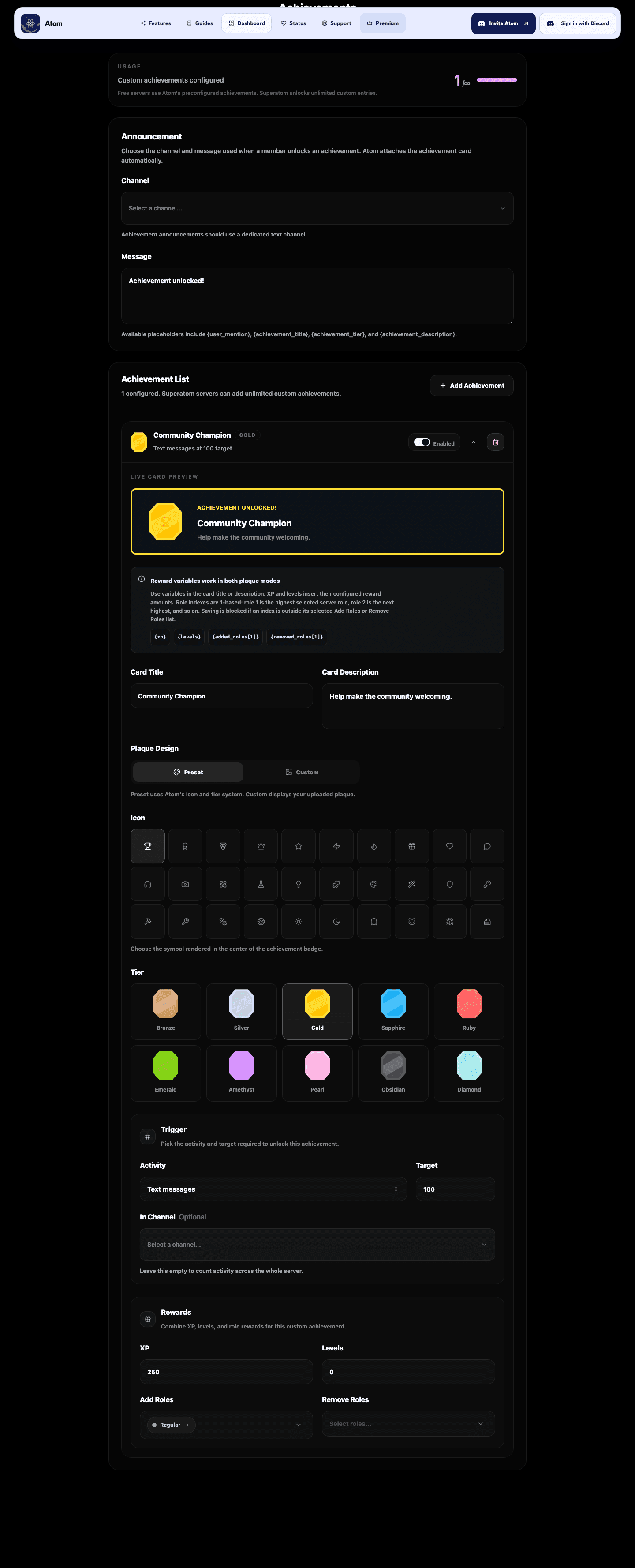 Atom dashboard demo showing achievement configuration.