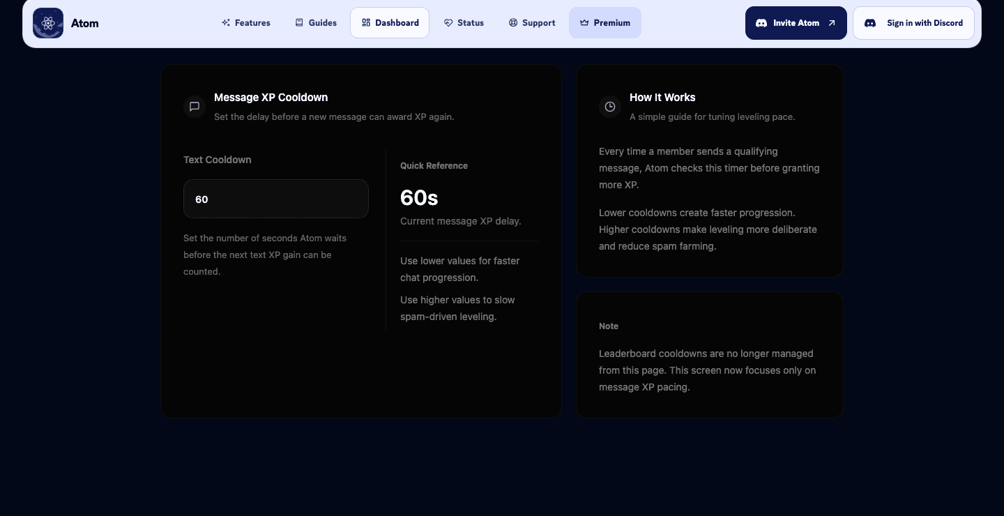 Atom dashboard demo showing text xp cooldown configuration.