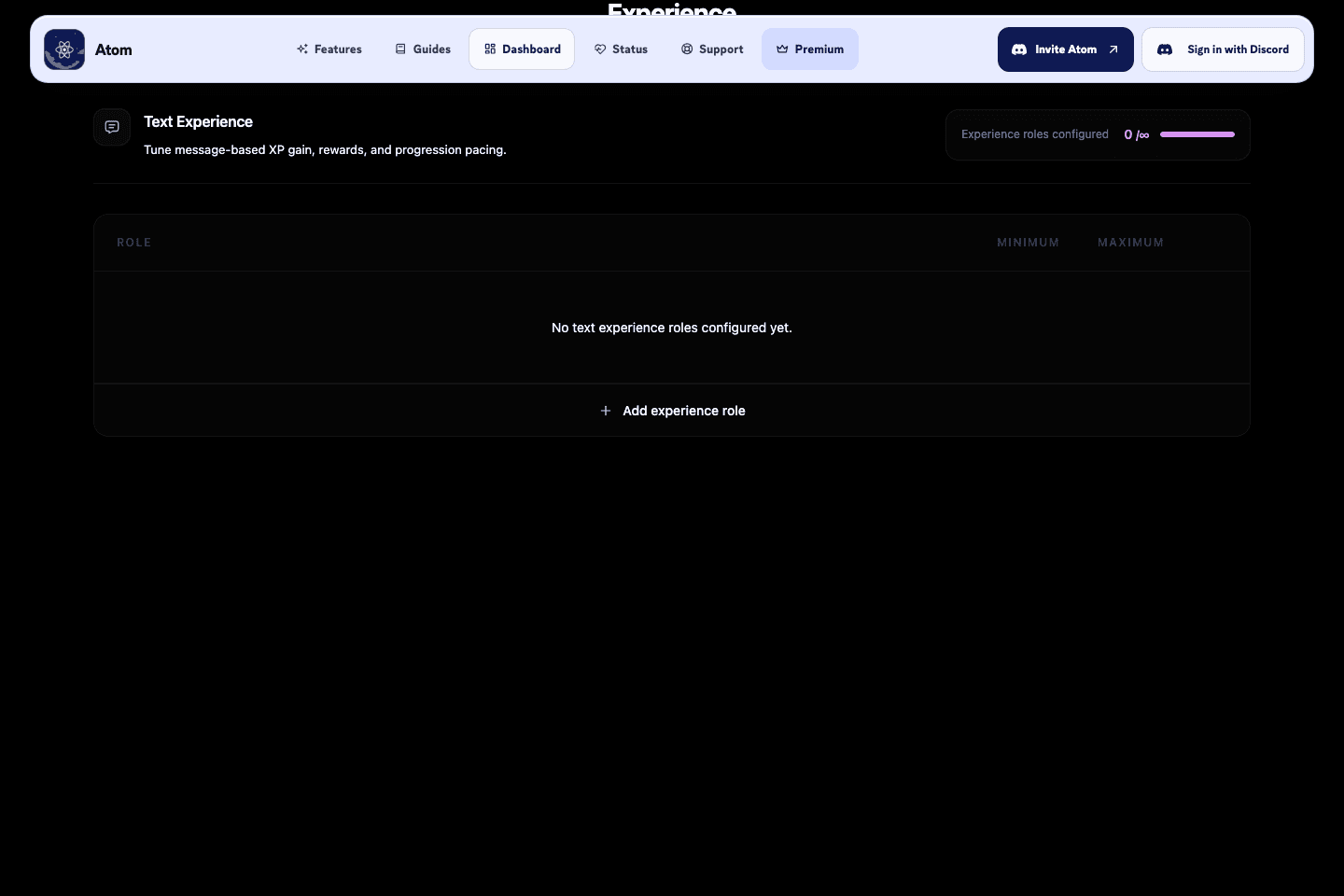 Atom dashboard demo showing text xp configuration.