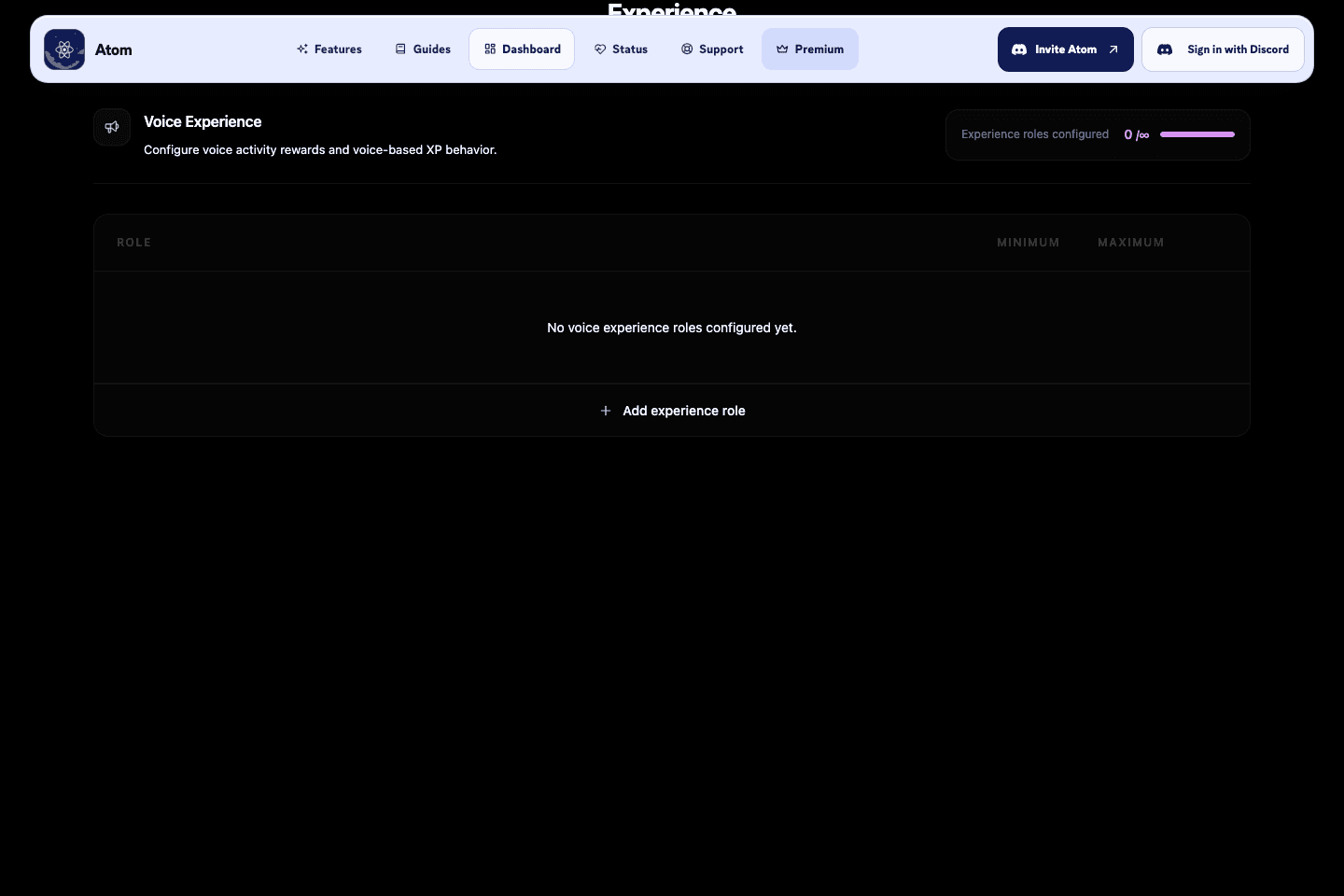 Atom dashboard demo showing voice xp configuration.